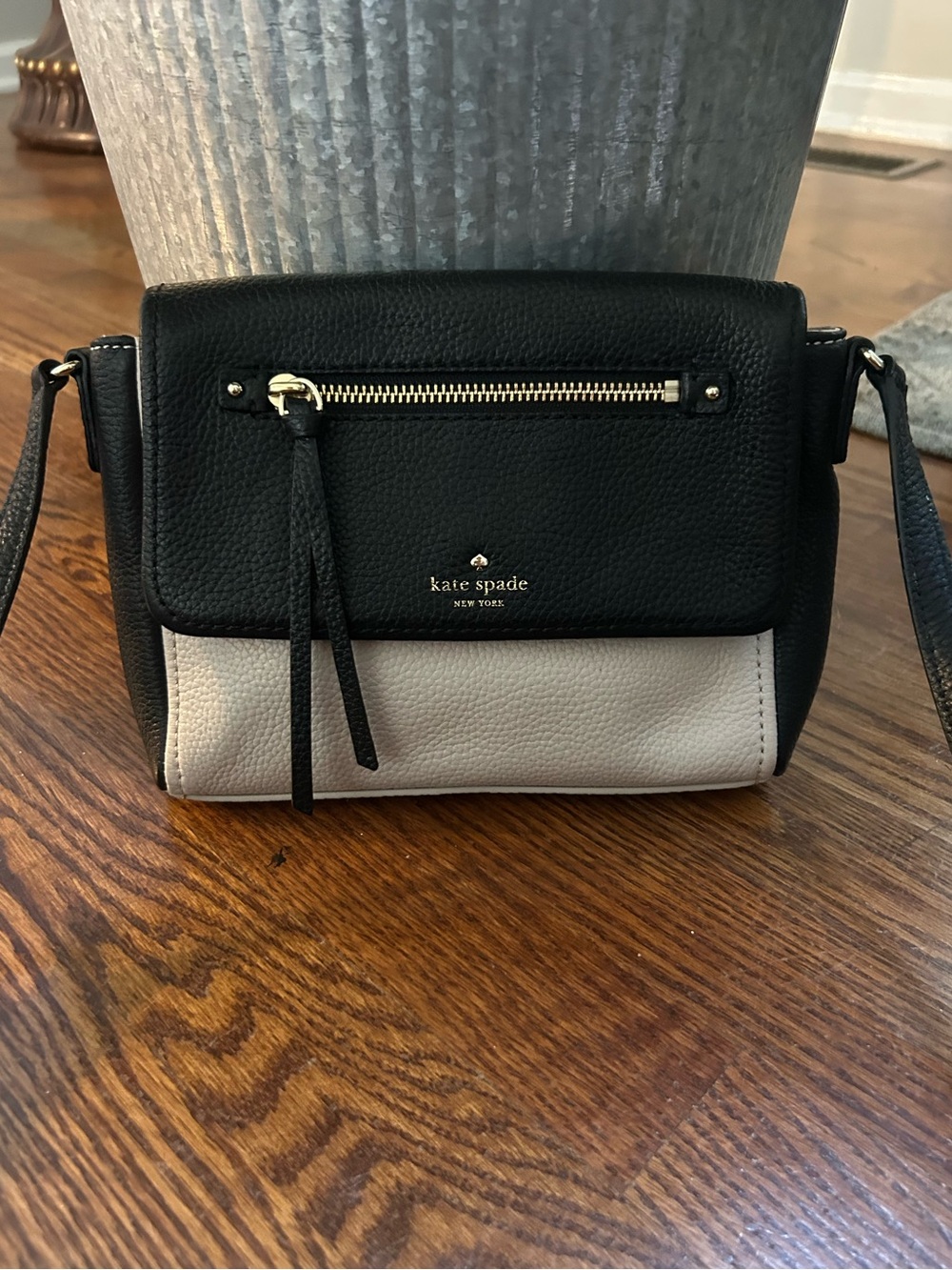 Kate Spade New York Black Cream Pebbled Leather Crossbody Bag
